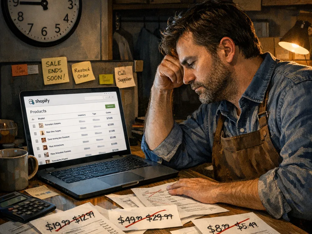 a desk scene at night with a tired shop owner looking at