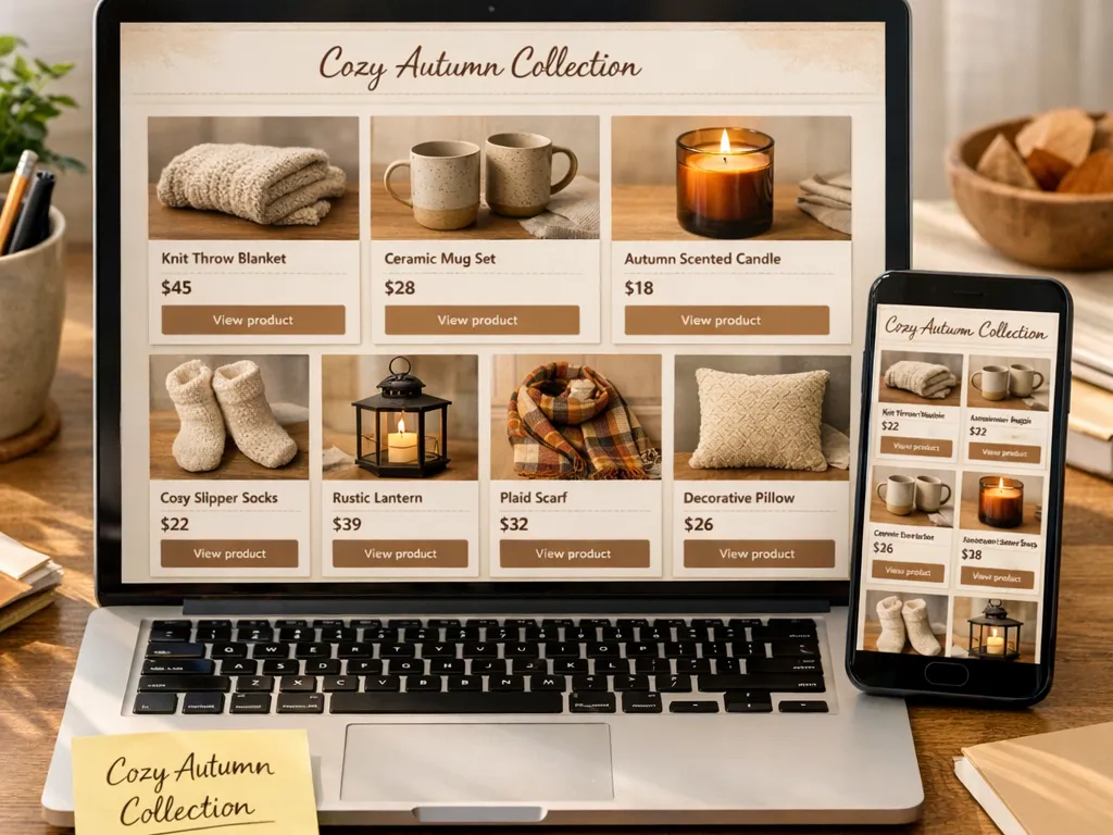 a laptop and phone displaying a brand-styled digital catalog pages show a