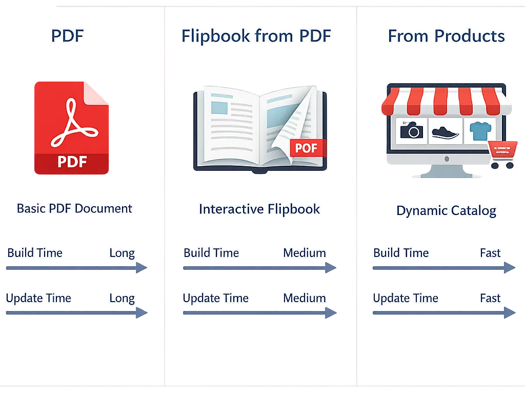 side-by-side visual of three panels labeled PDF Flipbook from PDF and From