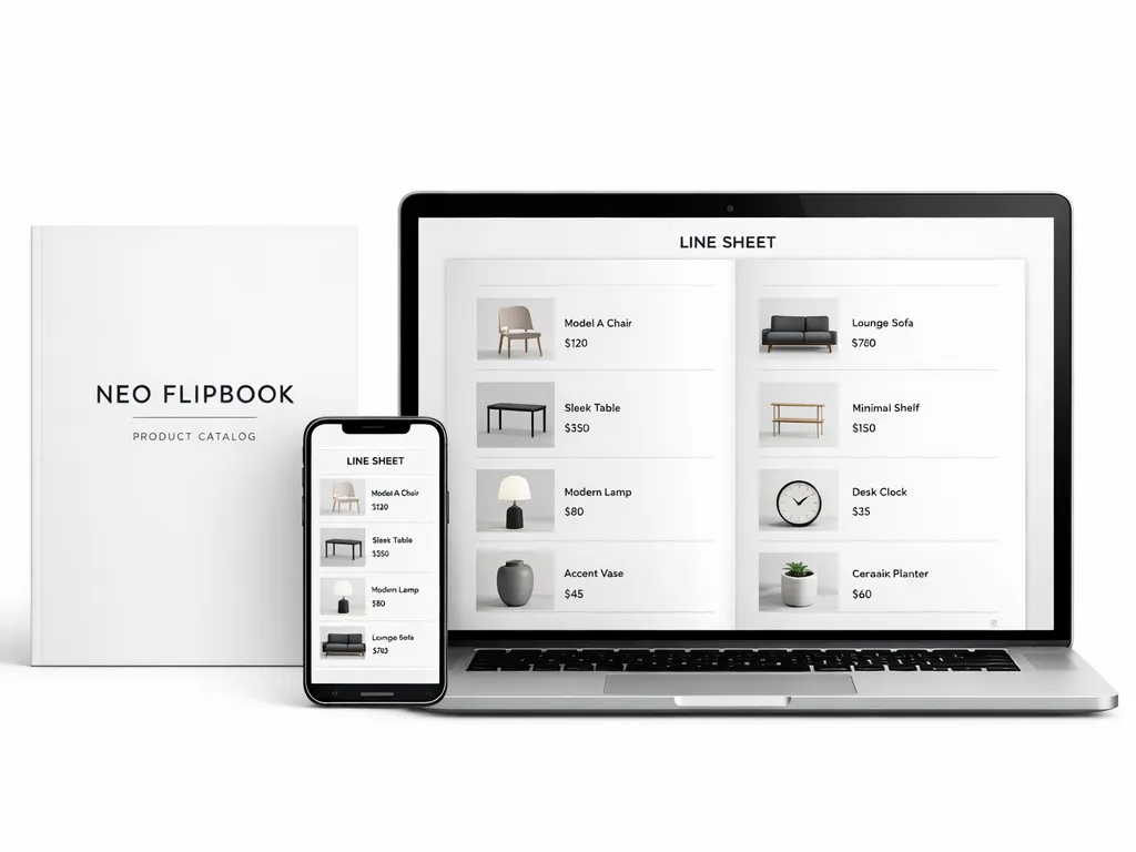 Clean browser mockup of a Neo Flipbook catalog with a minimalist cover