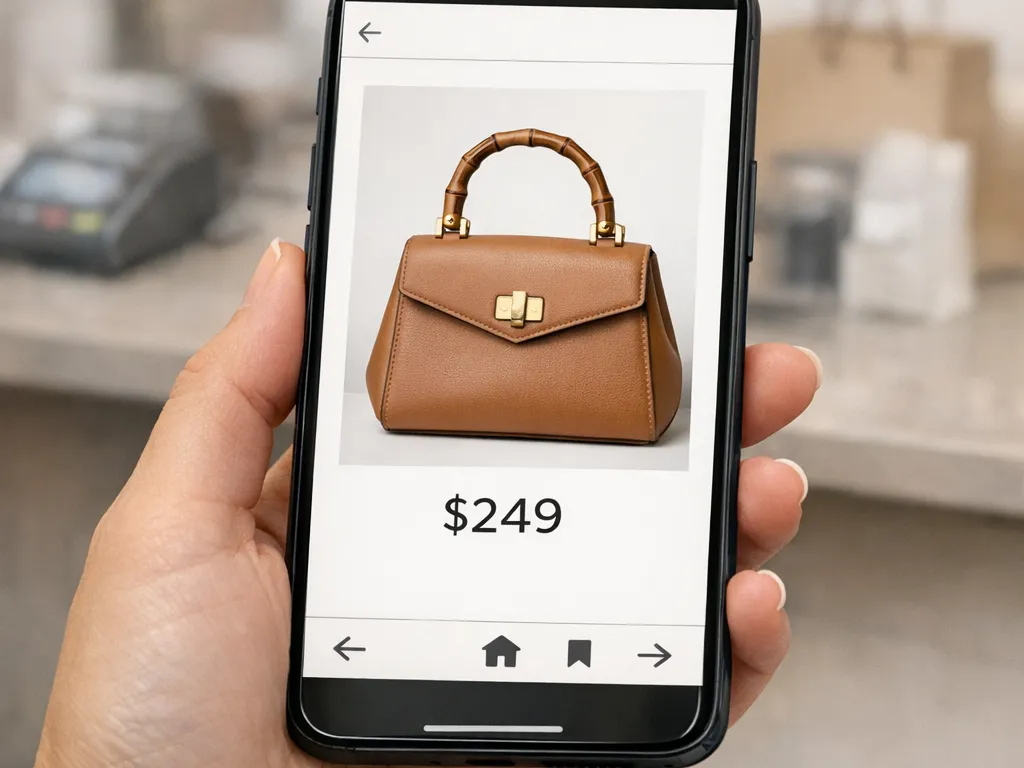 A smartphone held in a shopper's hand showing a minimalist flipbook catalog