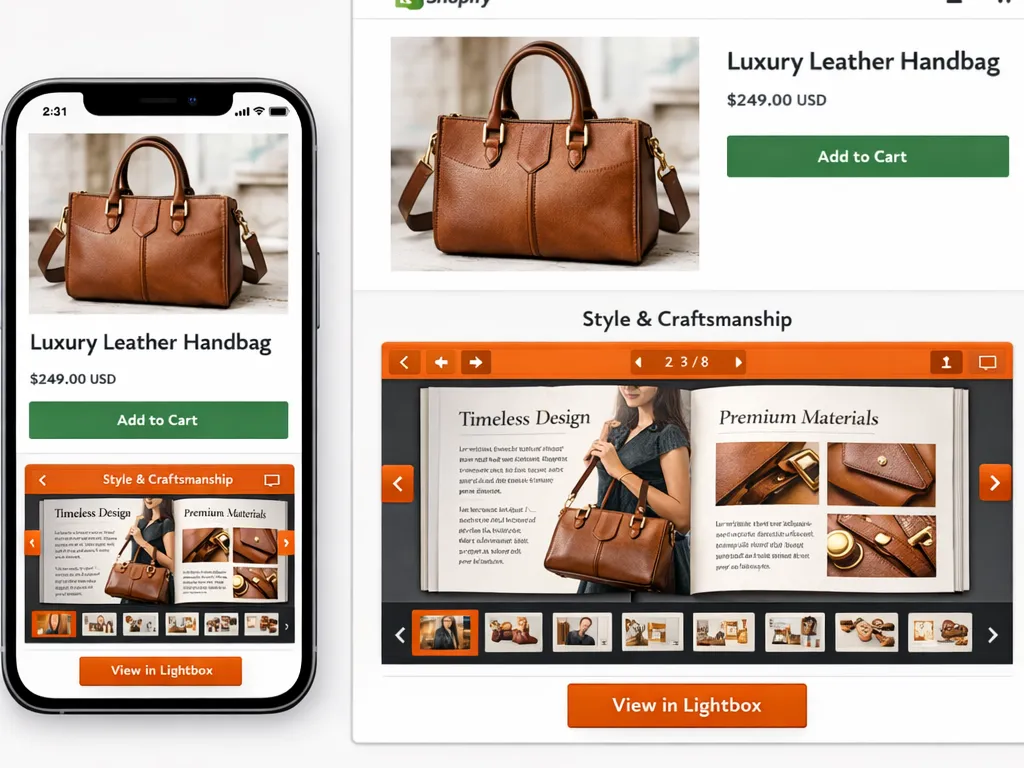 A Shopify product page on mobile and desktop showing an inline flipbook