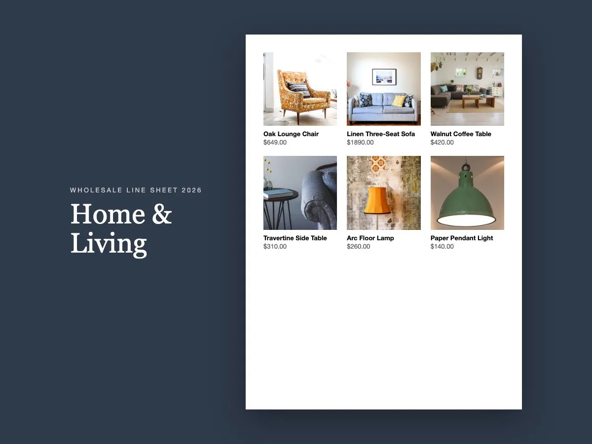 A line sheet page with six products, each with a photo, name and price