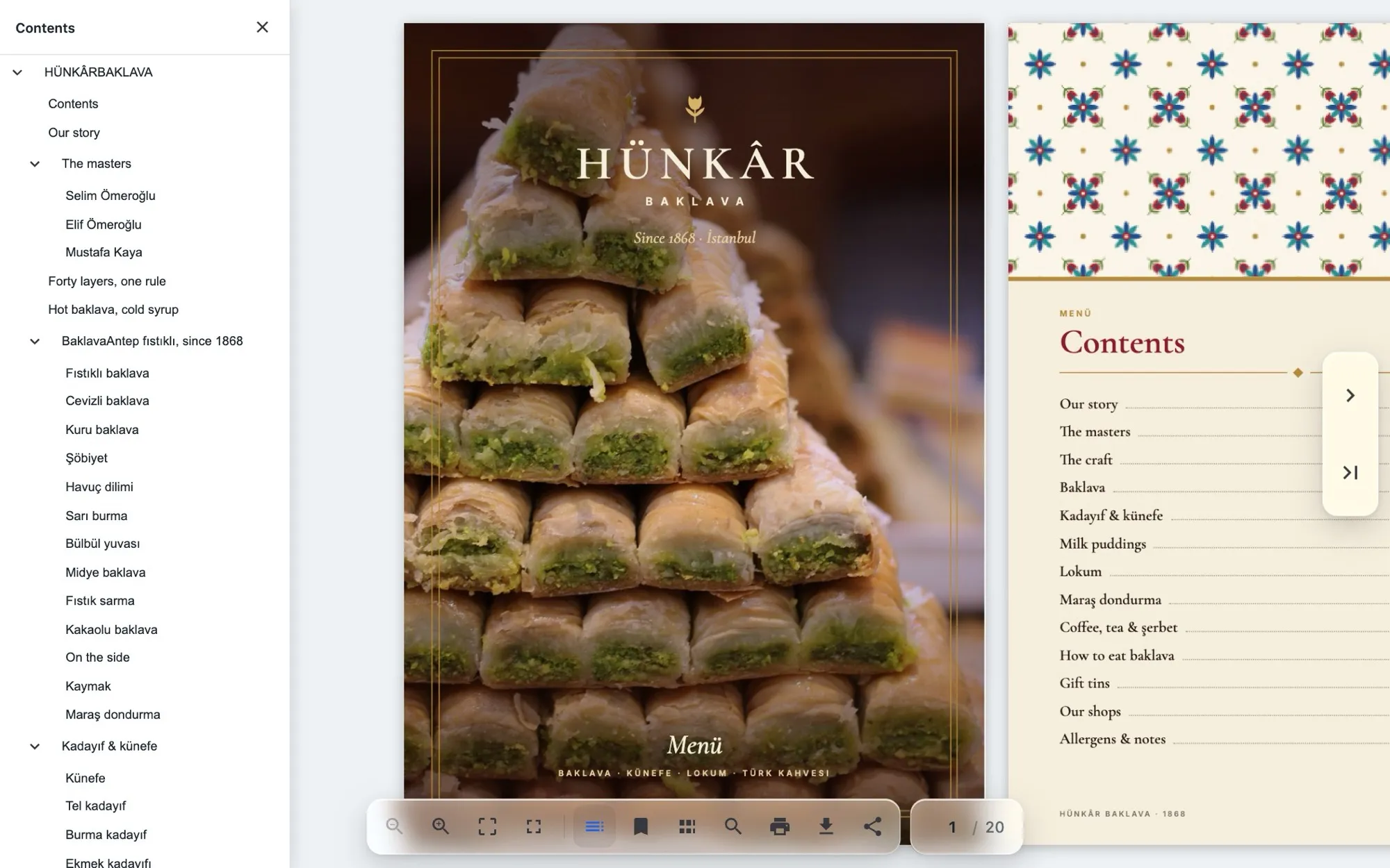 The viewer's contents panel, built from the menu PDF's outline