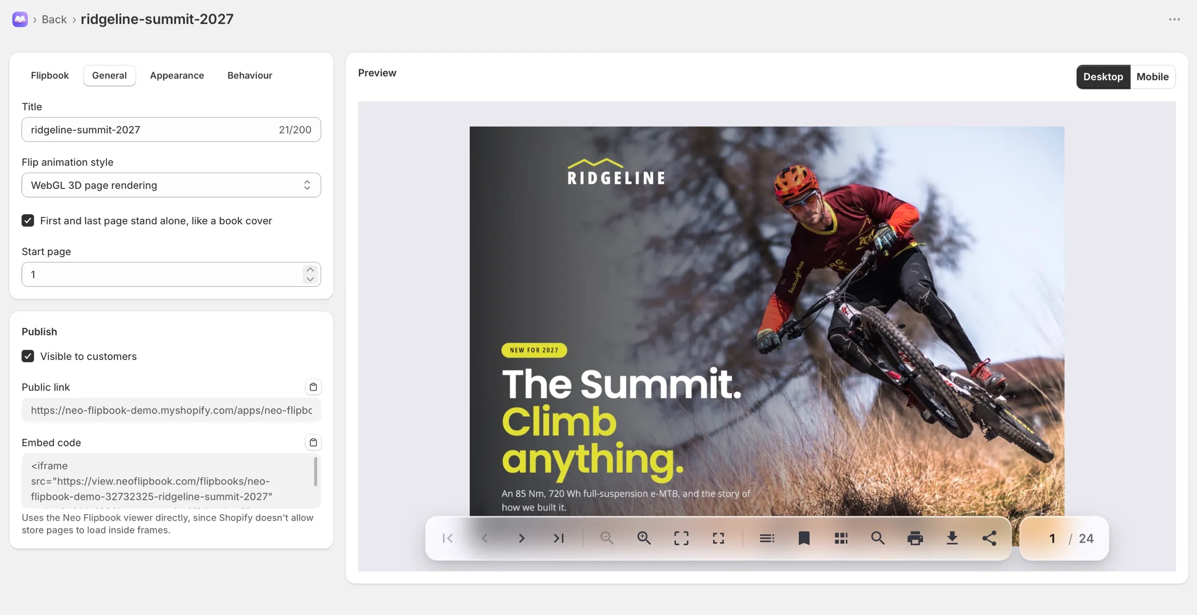 The Edit flipbook page in the Neo Flipbook admin, with the settings tabs, title and flip animation style