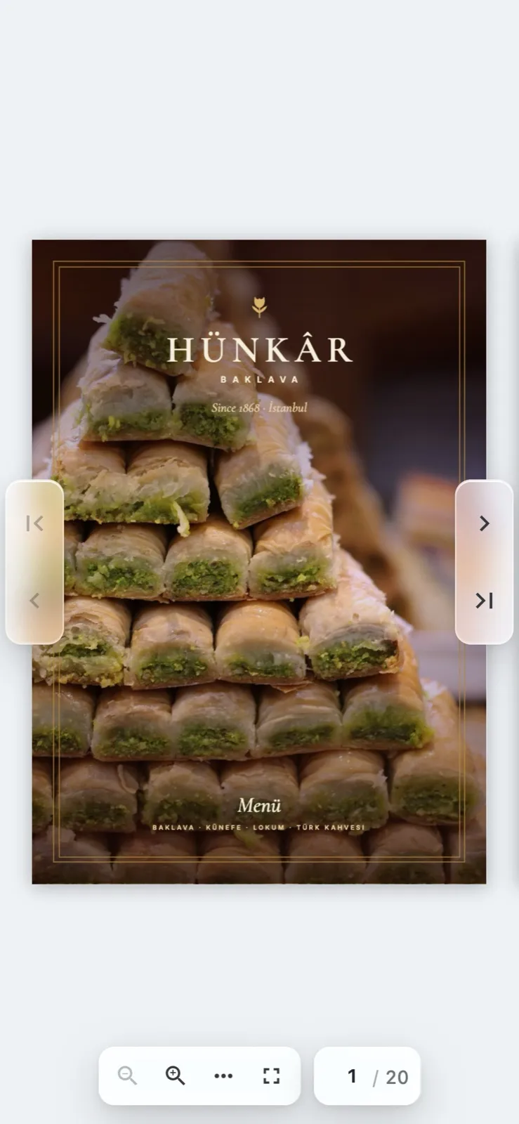 A restaurant menu in the viewer on a phone: one page at a time, with the compact toolbar at the bottom