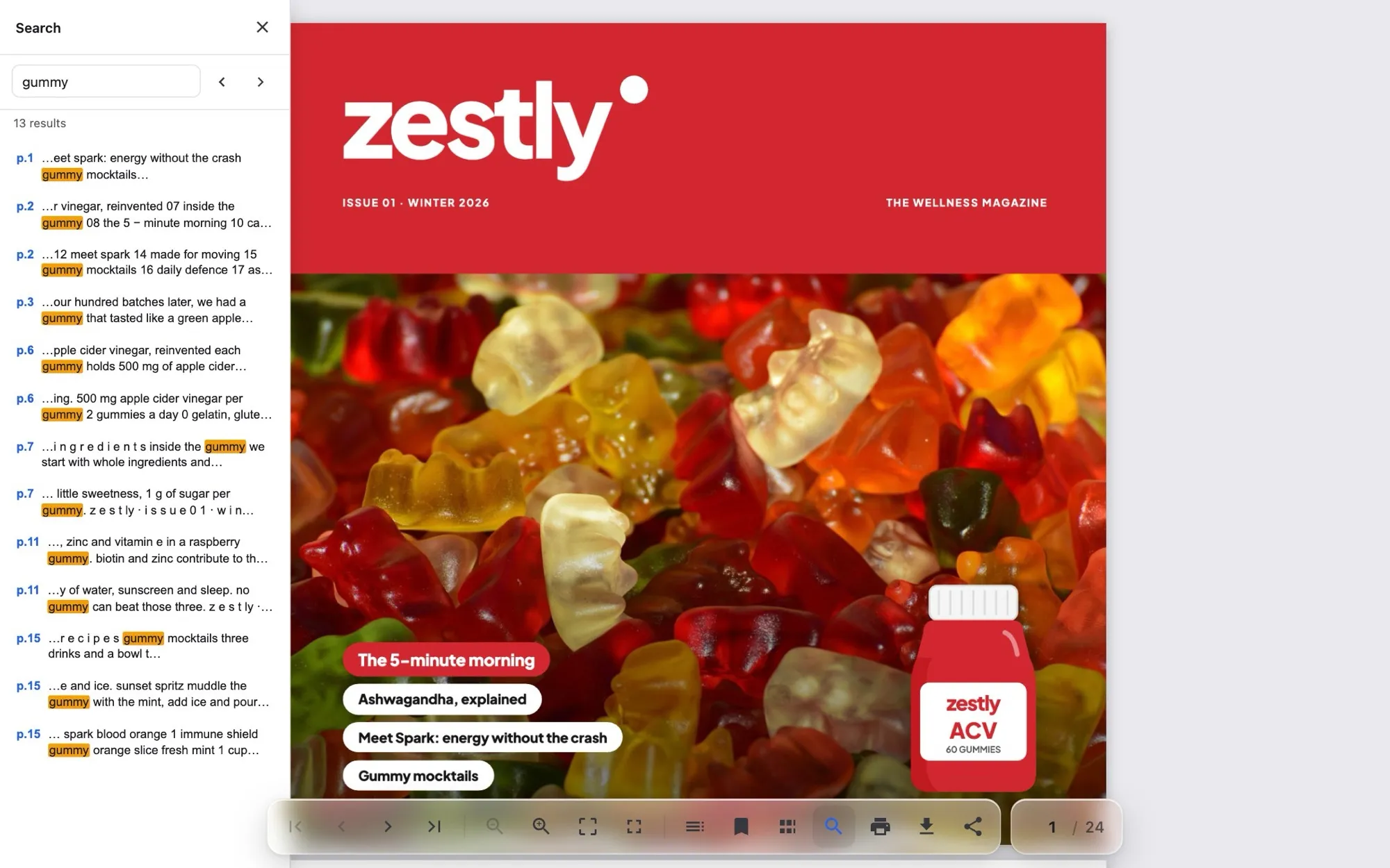 The viewer's search panel listing 13 results for the word gummy
